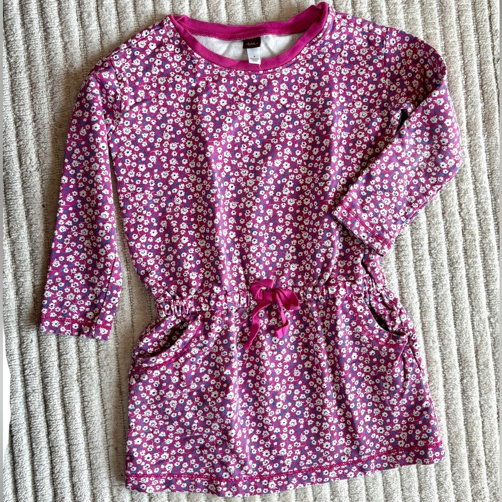 Tea Collection Pink Floral Long-Sleeve Drawstring Dress